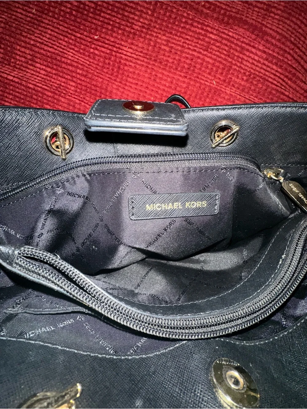 Michael Kors Black Leather Tote with Gold Chain and MK Charm